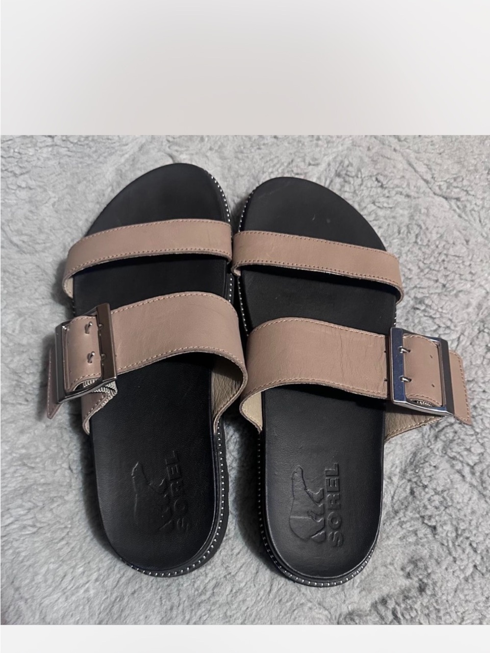 Sorel Beige and Black Double Strap Slide Sandals